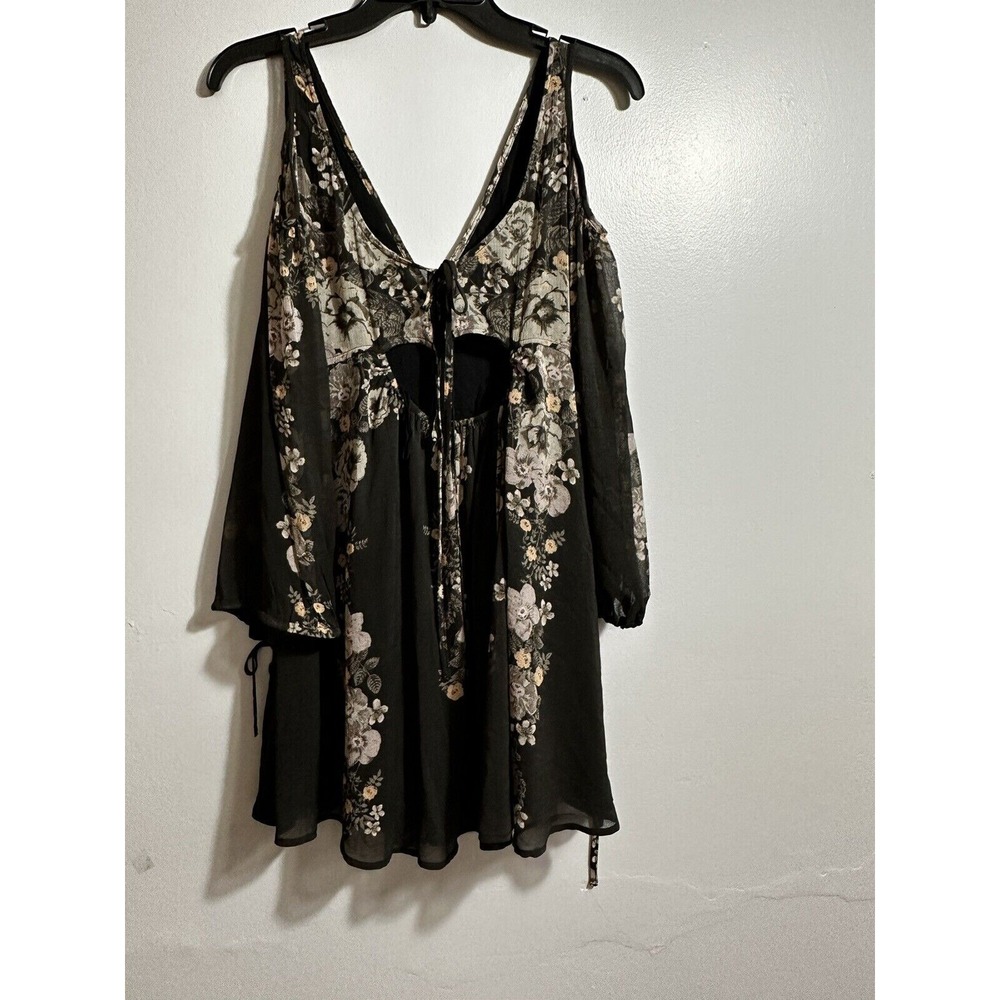 Free People Floral Print Mini Dress Cold Shoulder‎ Long Sleeve Tie Detail Boho S